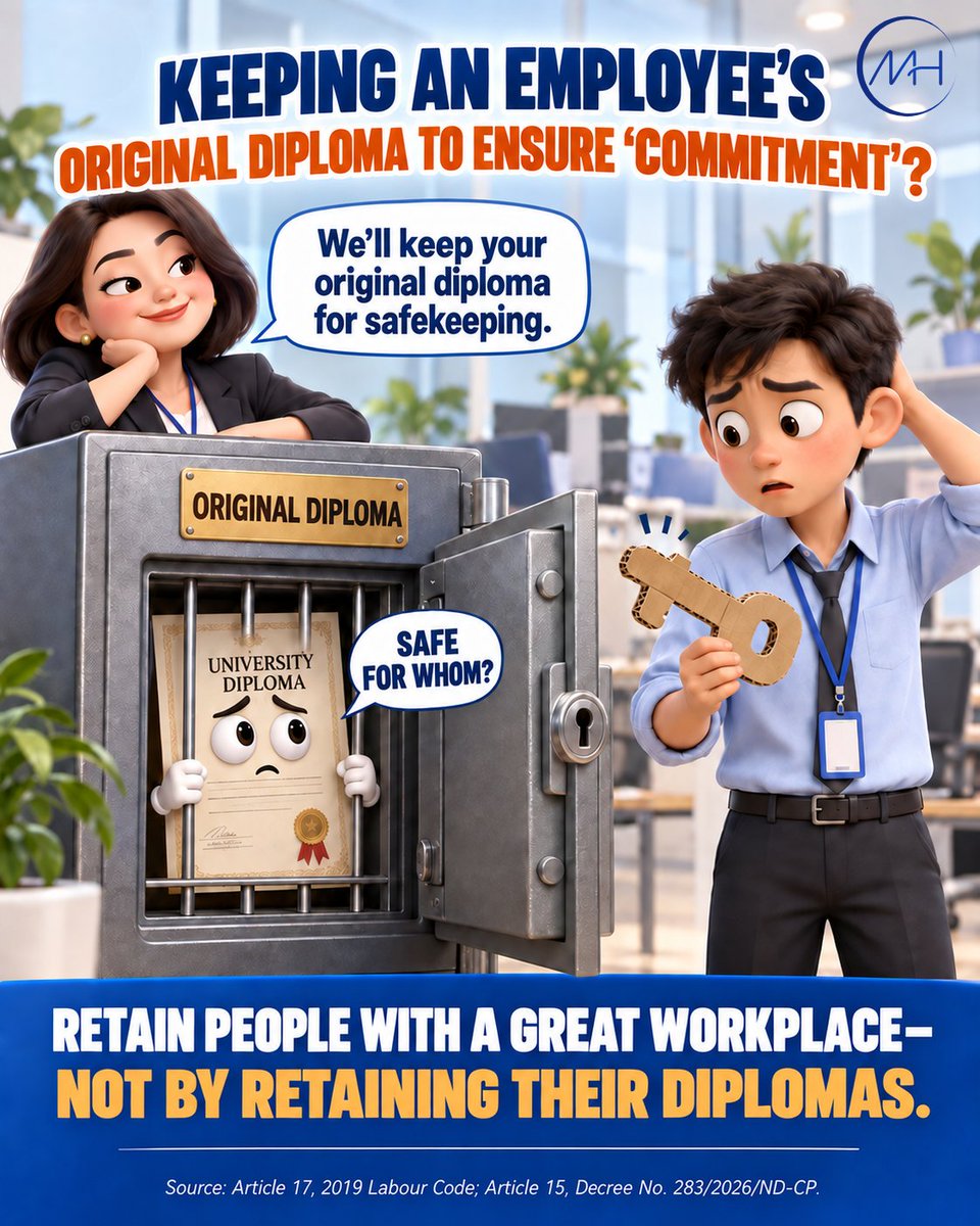 MaiHuongHR's tweet photo. Company: “We’ll keep your original diploma for safekeeping.”
The diploma locked inside the safe: “Safe for whom?” 😭
Retaining an employee’s original diploma to encourage “commitment” may sound like a safeguard-but it is prohibited. https://t.co/PAWPOXPdKM