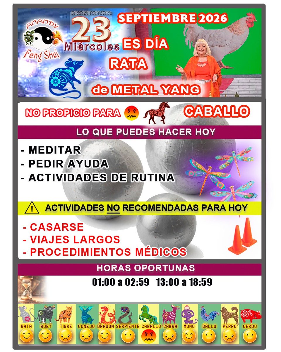 AnandyFeng's tweet photo. *MIERCOLES 23 DE SEPTIEMBRE* puedes realizar tareas rutinarias no críticas, dedicar tiempo a la meditación. También es auspicioso para solicitar ayuda o apoyo. Signo *Caballo* cuidado. Enfrenten este día con esperanza y Fé. Con amor Anandy 🙏✨💖 https://t.co/31RyIDYLRv