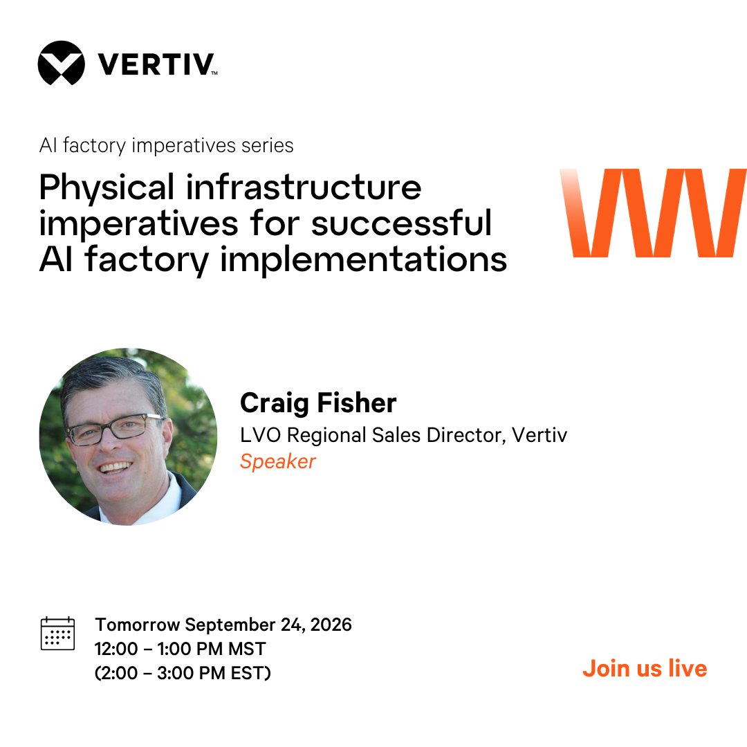 vertiv_na's tweet photo. Tomorrow: How do AI compute demands reshape data center physical infrastructure?

Craig Fisher from Vertiv explores the considerations shaping AI-ready facilities.

Join live: https://t.co/htV7GwuXLg
#AIFactory #DataCenter #AIInfrastructure #PhysicalInfrastructure https://t.co/FGZi3ausP7