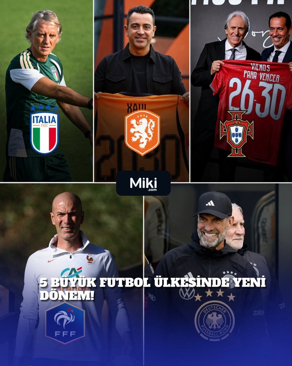 mikisportr's tweet photo. 5 BÜYÜK FUTBOL ÜLKESİNDE YENİ DÖNEM!

2026-27 UEFA Nations League’de 5 büyük futbol ülkesinin milli takımları, yeni teknik direktörleriyle ilk kez sahneye çıkıyor! 👀

🇫🇷 Zinedine Zidane
🇩🇪 Jürgen Klopp
🇮🇹 Roberto Mancini
🇳🇱 Xavi Hernández
🇵🇹 Jorge Jesus https://t.co/X7vrIzrShm