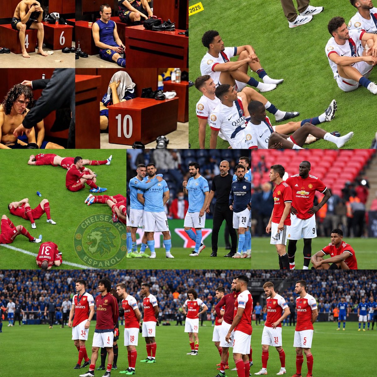 ChelseaFC_es's tweet photo. CHELSEA NO SOLO GANA TÍTULOS: DEJA CICATRICES 💙🏆

2012 • Camp Nou — Barcelona.
2012 • Allianz Arena, Múnich — Bayern.
2012 • Wembley — Liverpool.
2018 • Wembley — Manchester United.
2019 • Estadio Olímpico de Bakú — Arsenal.
2021 • Estádio do Dragão, Porto — Manchester City.
2025 • MetLife Stadium — PSG.

Distintos años. Distintos estadios. Distintos gigantes.

La misma imagen: ellos sentados mirando al vacío… y el Chelsea haciendo historia.

No es un collage.
Es el álbum de recuerdos que nadie quiere compartir con nosotros. 💙