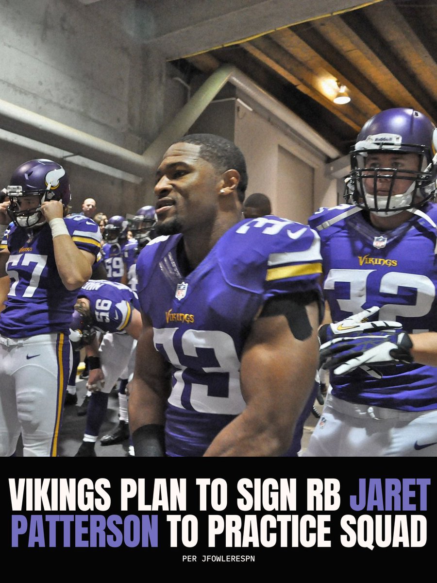 nfl_plugged's tweet photo. 🚨 The Vikings plan to sign free agent RB Jaret Patterson to the practice squad, per @JFowlerESPN.

Patterson was with the Chargers in 2025. Minnesota is dealing with injuries at running back, which is what prompted the move 👀 https://t.co/oYFDboddoX