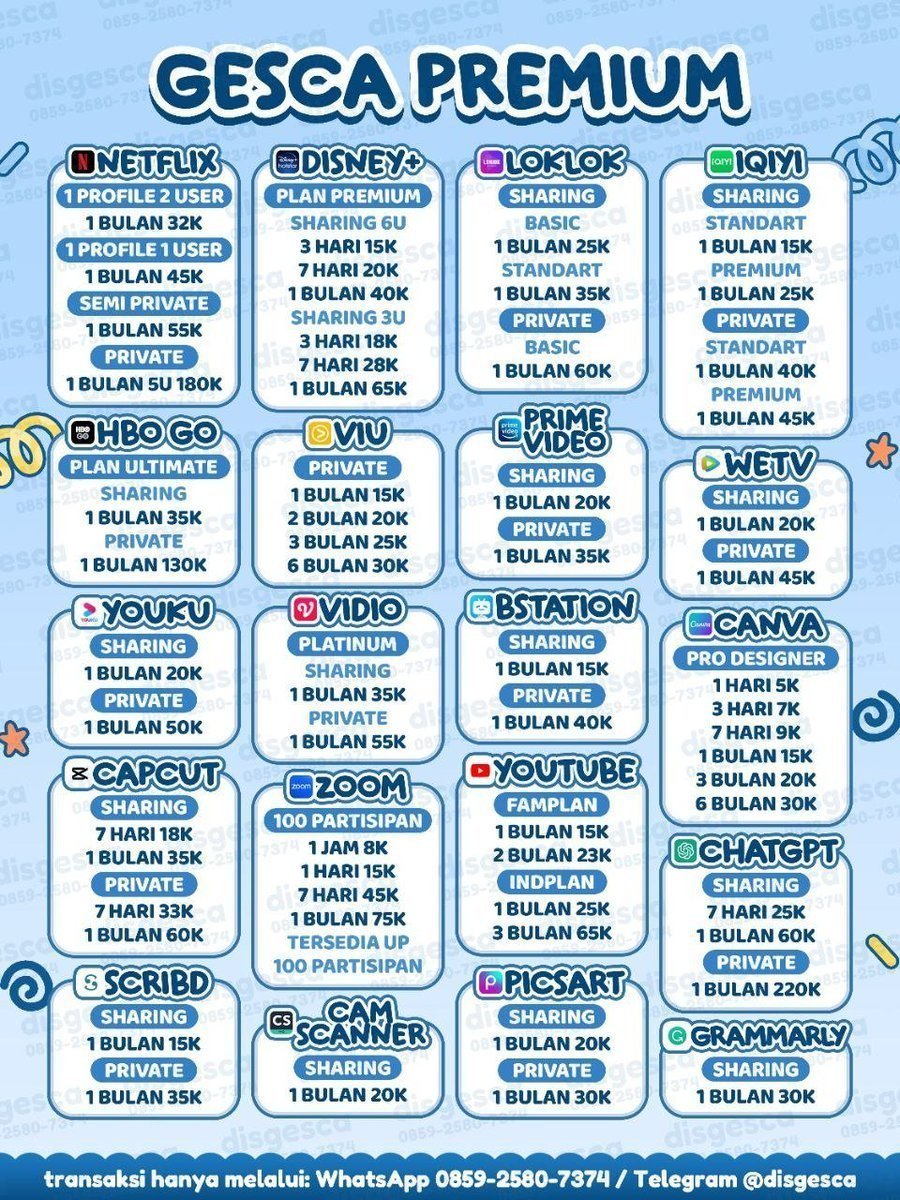 cookiebyca's tweet photo. WTS APPLIKASI HARIAN MINGGUAN BULANAN FULL GARANSI FAST ORDER FAST RESPONSE 💙

💬 https://t.co/VTplfD6aY6

IQIYI • LOKLOK • DISNEY • NETFLIX • HBO • VIU • PRIME • WETV • VIDIO • YOUKU • CANVA • BSTATION • CAPCUT • ZOOM • YOUTUBE • PICSART • DLL

#zonauang 3919 https://t.co/f4uGPZOn8w
