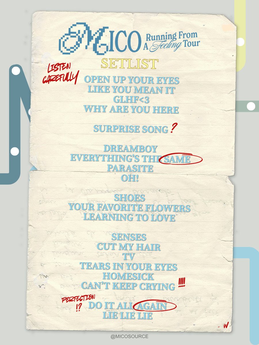 micosource's tweet photo. Setlist for MICO's Running From A Feeling Tour in North America!

— via @micomatics

*Setlist is subject to change. There could be different setlists for different regions.

#MICO #RFAFTour #setlist #micotoronto #RFAFTourPhiladelphia https://t.co/SpwhX6efnx