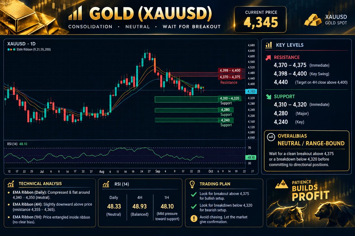 TheRoushanGold's tweet photo. 🟡 GOLD | XAUUSD
Gold remains range-bound around 4,345.

🔴 Resistance: 4,370–4,375 → 4,400
🟢 Support: 4,310–4,320 → 4,280

📌 Above 4,375: bullish breakout potential
📌 Below 4,320: bearish breakdown potential
No chase. Wait for confirmation.

#Gold #XAUUSD #Forex #Trading  #GoldTrading