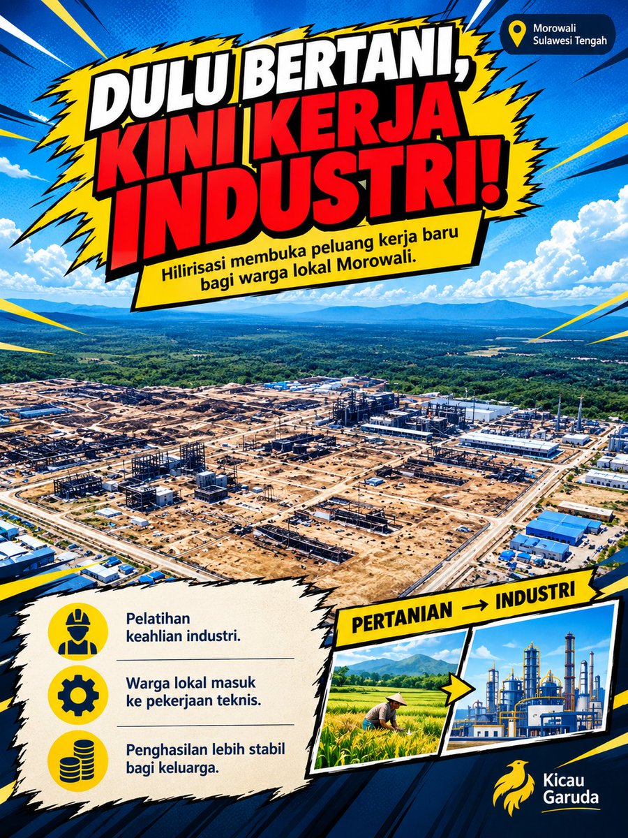 KicauGaruda0's tweet photo. HILIRISASI TEGAS, MASA DEPAN JELAS
Negara tidak main-main! Olah bauksit hingga sawit di dalam negeri demi lapangan kerja luas.

Ribuan keluarga kini hidup layak dan bisa kuliahkan anak. Kekayaan Indonesia sepenuhnya untuk kesejahteraan rakyat!
#jagaindonesia #hilirisasi #morowali https://t.co/U0gd87lCnd