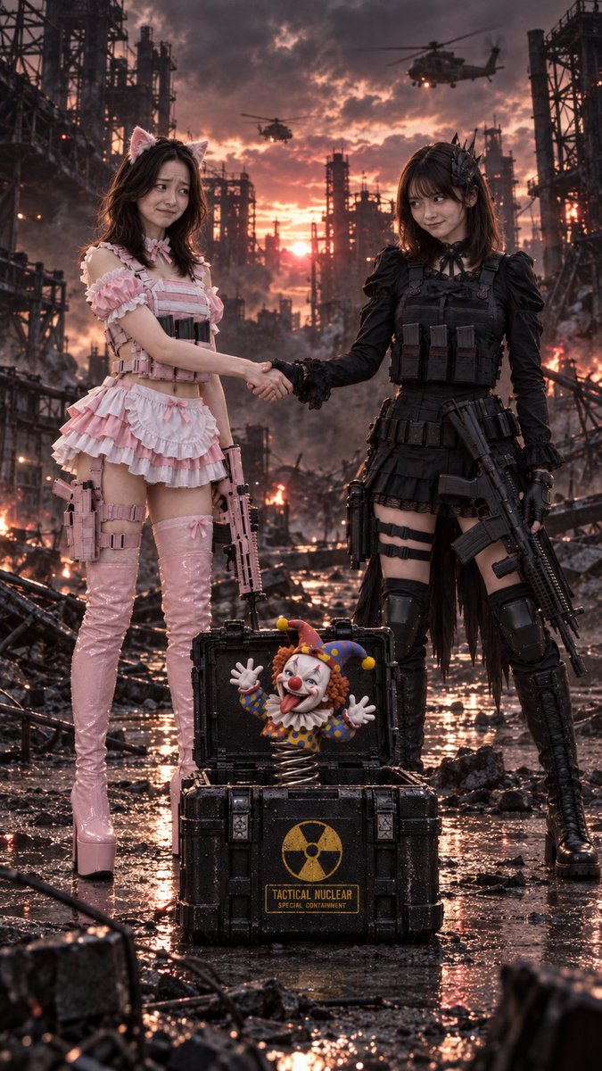 Bijo_summoner's tweet photo. こんにちは😊
今回の投票による勝敗は、
見事な同票による引き分けとなりました。
#RAVEN
#MECAT
#BLACK_CASE_RUSH
プロローグ
テロリストが入手した戦術核を巡り、熾烈な争奪戦を繰り広げたM.E.C.A.T.とRAVEN。
幾度もの攻防の末、ついに確保されたブラックケース。
しかし、その中から飛び出したのは、バネ仕掛けのピエロだった。
さらに、新たな情報が両陣営にもたらされる。
テロリストの手に渡った戦術核そのものが、政府によって用意された精巧な偽物だったというのだ。
つまり、今回の争奪戦に本物の戦術核は最初から存在していなかった。
政府の真意は不明のまま。
だが、少なくともテロリストの手に戦術核という脅威が渡っていなかったことは、両陣営にとって何よりの朗報だった。
「まあ、最悪の事態はなかったんだから、良しとしようか」
そんな空気の中、M.E.C.A.T.とRAVENは互いに苦笑いを浮かべながら握手を交わし、今回の任務における互いの健闘を称え合った。
異なる信念のもと、同じ目標を追い続けた二つの部隊。
その足元では、ブラックケースから飛び出したピエロが、相変わらず不気味な笑顔を浮かべていた。
こうして、両陣営を巻き込んだブラックケース争奪戦は幕を閉じた。
最後に笑ったのは、ケースの中のピエロだけだった。
END.
けど次は負けないにゃん😸