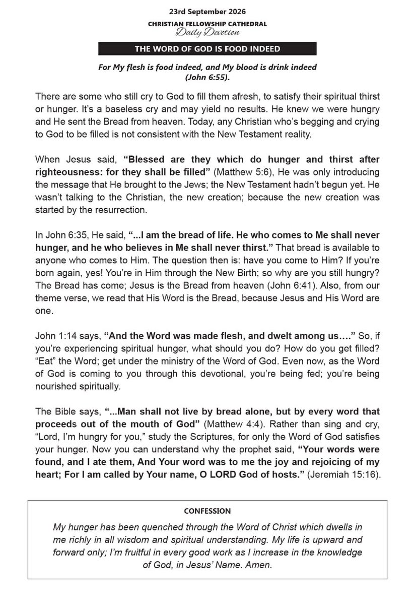CFCFORTPORTAL's tweet photo. Christian Fellowship Cathedral (CFC)
Fort Portal
Daily Devotion (23rd September 2026)
The Word Of God Is Food Indeed
#CFCDailyDevotion
#TheGospelOfTheKingdom
#2026_JesusOurWisdom https://t.co/y3Vtf3hFxu