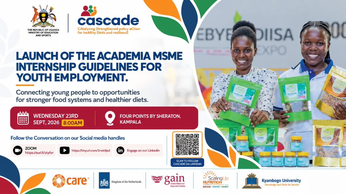 Uganda_Gain's tweet photo. Happening today!!! 🇺🇬 SUN-ARINU, with support from GAIN Uganda under CASCADE, launches the Academia–MSME Internship Guidelines on 23rd September, connecting universities, MSMEs &amp; youth to strengthen skills, employment, innovation &amp; entrepreneurship. Join the discussion online https://t.co/eEsU7Ni1rM