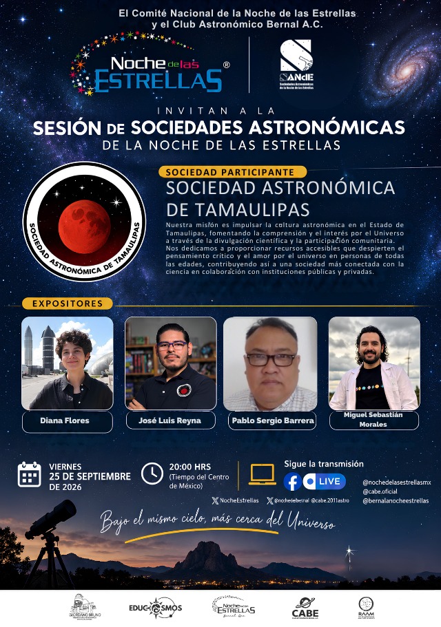 NocheEstrellas's tweet photo. La sesión de las agrupaciones astronómicas de la #NdE2026 de este mes, le corresponde a la Sociedad Astronómica de Tamaulipas. Viernes 25 de septiembre, 20:00h CDMX. Por FBLive!  #21cm #ParisPismis #planetas https://t.co/yBKzgy70GB