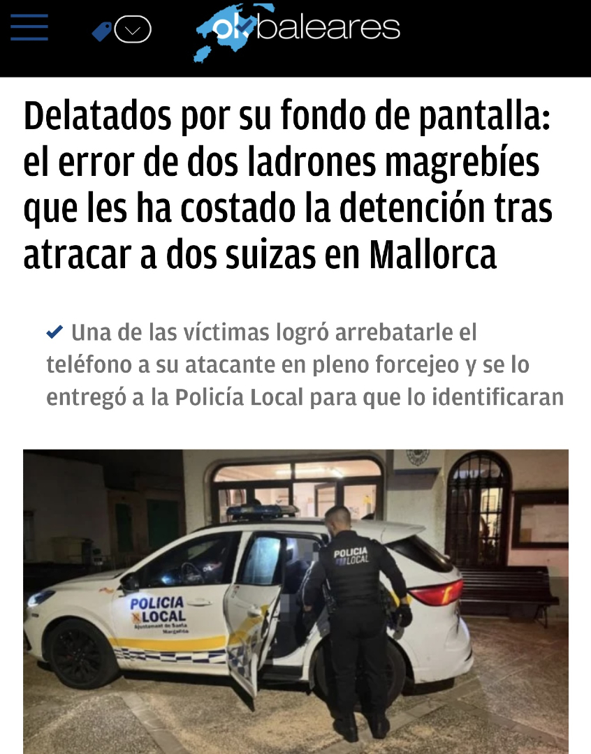 ManuelaSesIlles's tweet photo. ‼️ Dos MAGREBÍES atracan violentamente a dos mujeres para robarles sus móviles en Can Picafort (Mallorca).

Durante el forcejeo, una de las víctimas consiguió quitarle SU PROPIO MÓVIL a uno de los ladrones. ¿El error? Tenía su cara de fondo de pantalla.

📱 Horas después los encontraron a los dos tranquilamente tumbados en unas hamacas de la playa.

Hay que DEPORTAR a estos delincuentes importados. ✈️