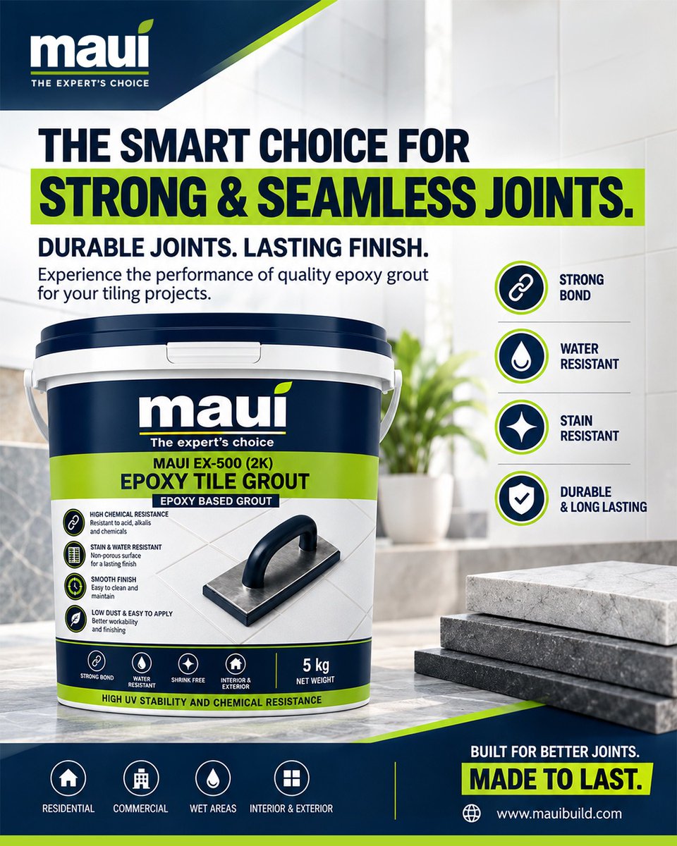 Mauibuild's tweet photo. Upgrade your tiling projects with Maui EX-500 (2K) Epoxy Tile Grout — designed for strong bonding, water &amp; stain resistance, durability, and a lasting finish.

Shop Now: https://t.co/0F6NlFQbU1

#EpoxyTileGrout #TileGrout #StrongJoints #WaterResistant #StainResistant #MauiBuild https://t.co/aAaPJ74aF8