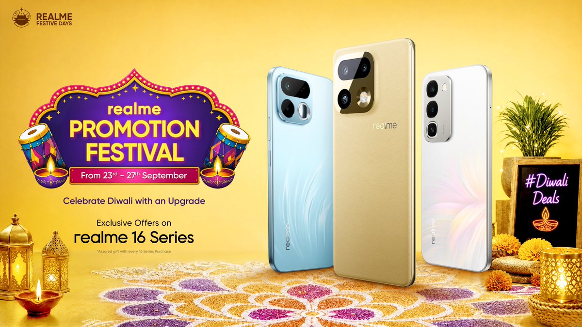 realmeIndia's tweet photo. Your Diwali upgrade just got more exciting!
Step into the realme Promotion Festival and unlock exclusive offers on the realme 16 Series, only from 23rd–27th September.
New phone. New vibes. More reasons to celebrate.
#realmeFestiveDays #realmeindia #MakeItReal #realmePromotionFestival