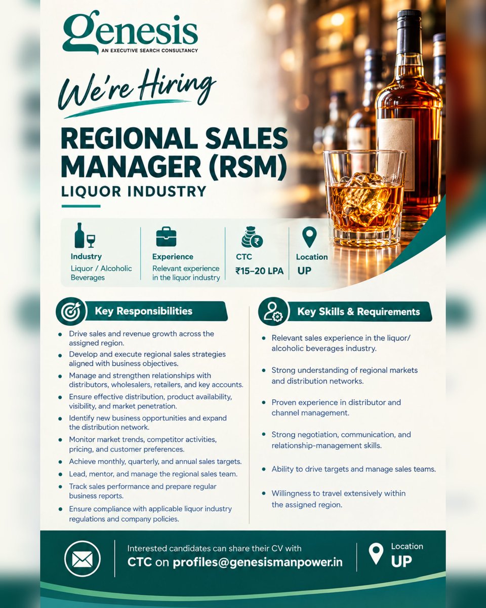 ggmspl's tweet photo. 🚨 We’re Hiring | Regional Sales Manager
💼 Experience: Liquor Industry
🤝 Strong market & distributor management experience
📩 Interested candidates can share their CV along with current CTC at profiles@genesismanpower.in
#Hiring #RSM #LiquorIndustry #UPJobs #SalesHiring https://t.co/kEGIFUHLwF