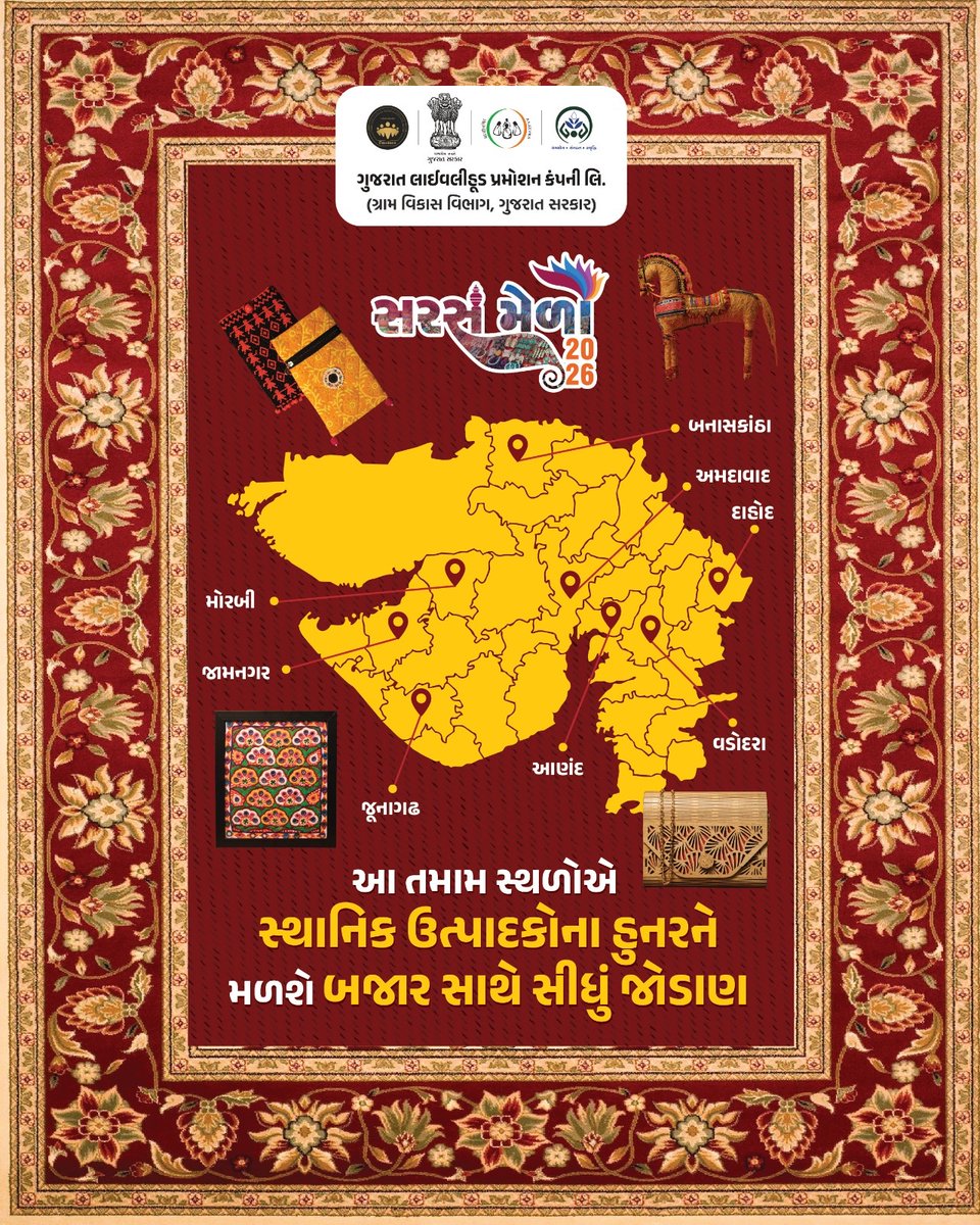 GlpcLivelihood's tweet photo. "કળા જ્યારે બજાર સાથે જોડાય,
ત્યારે રોજગારની નવી તકો સર્જાય"

સખી મંડળની બહેનોના ઉત્પાદનોને સીધું બજાર ઉપલબ્ધ થાય તે હેતુથી  ગુજરાતના ડીસા, આણંદ, દાહોદ, જામનગર, જૂનાગઢ, મોરબી, વડોદરા અને અમદાવાદ એમ કુલ 8 શહેરમાં સરસ મેળોનું આયોજન કરવામાં આવ્યું છે.

આવો, આ નવરાત્રીની ખરીદીમાં સ્થાનિક બહેનોના હાથે બનેલી વસ્તુઓ પસંદ કરીએ, તેમની મહેનતને માન આપીએ અને તેમની આત્મનિર્ભરતાની સફરમાં ભાગીદાર બનીએ.

#Navratri #SHG #GLPC #SarasMela2026