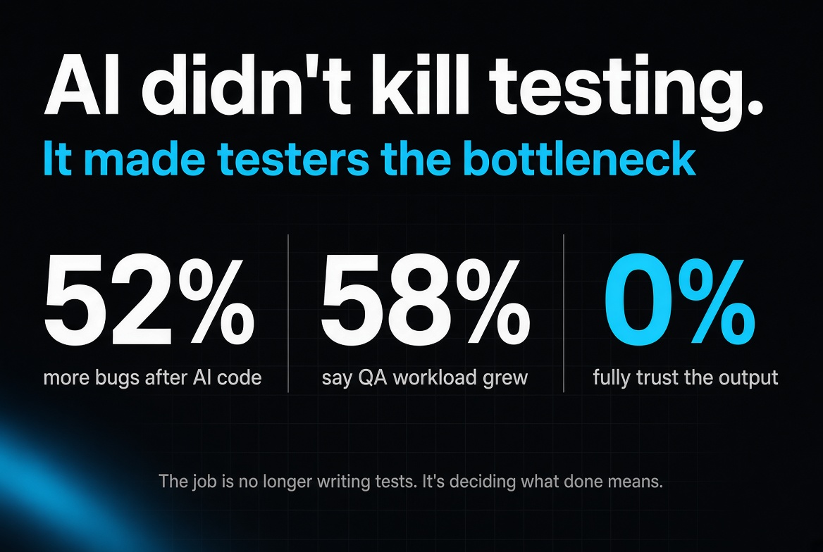 MutedPackets's tweet photo. 52% of QA folks say bug volume went up after teams started shipping AI-generated code.
58% say their own workload grew.
0% fully trust the output.

AI didn’t replace testers. It gave them a firehose https://t.co/oJfeIOprQg