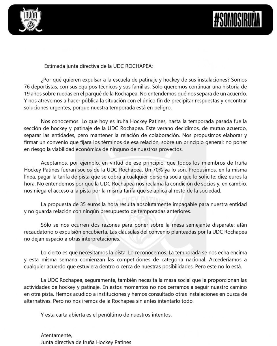 irunahp's tweet photo. ¿Por qué quieren expulsar a la escuela de patinaje y hockey de sus instalaciones?

Articulo de opinión de la Junta Directiva del Iruña Hockey Patines.

@UDCROCHAPEA 
@gob_na 
@Pamplona_ayto 
@deporte_na 
@DiariodeNavarra 
@NoticiasNavarra 
@NavarraTV 
@mavichina 
@josebaasiron https://t.co/LHt5TvyO9U