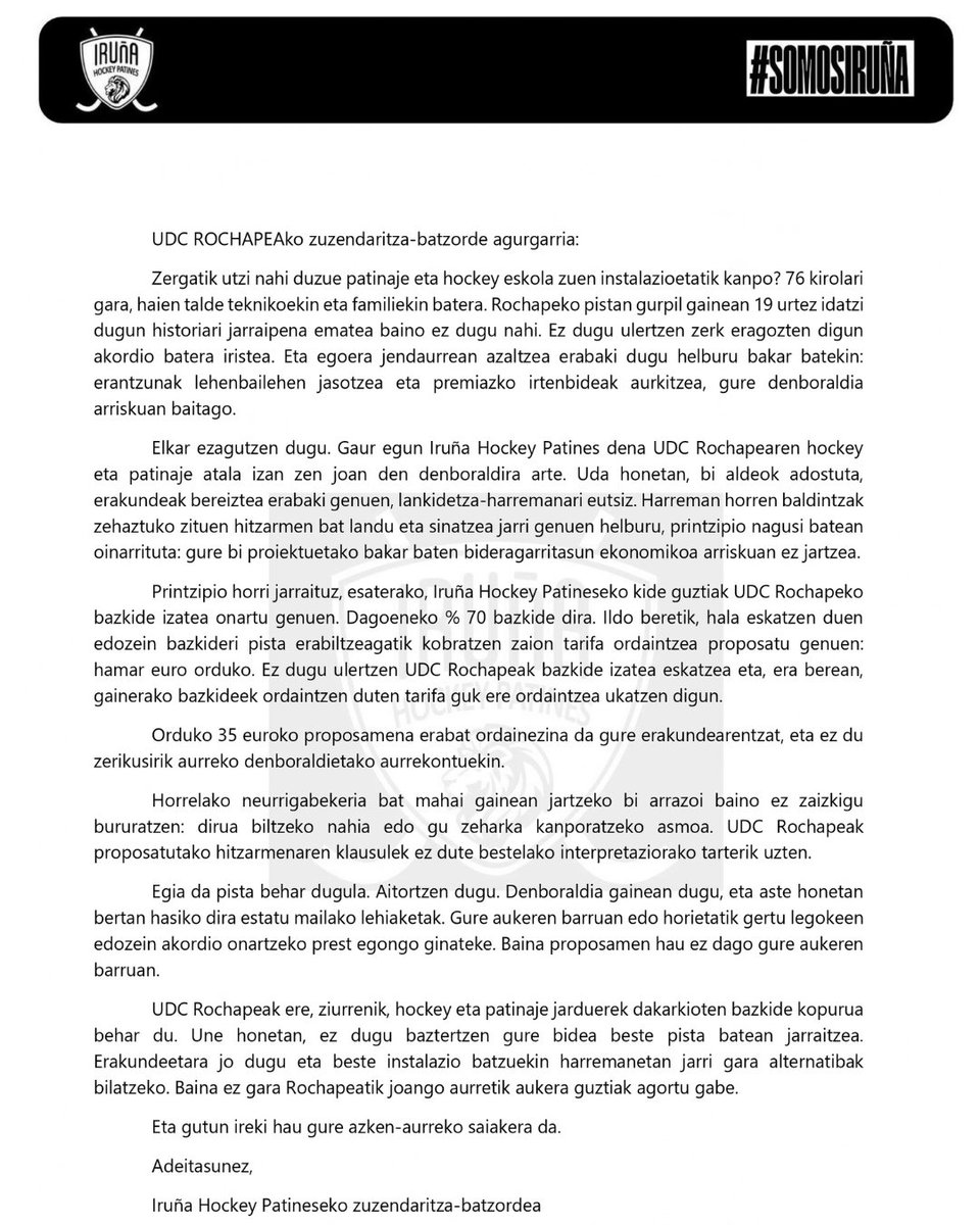 irunahp's tweet photo. ¿Por qué quieren expulsar a la escuela de patinaje y hockey de sus instalaciones?

Articulo de opinión de la Junta Directiva del Iruña Hockey Patines.

@UDCROCHAPEA 
@gob_na 
@Pamplona_ayto 
@deporte_na 
@DiariodeNavarra 
@NoticiasNavarra 
@NavarraTV 
@mavichina 
@josebaasiron https://t.co/LHt5TvyO9U