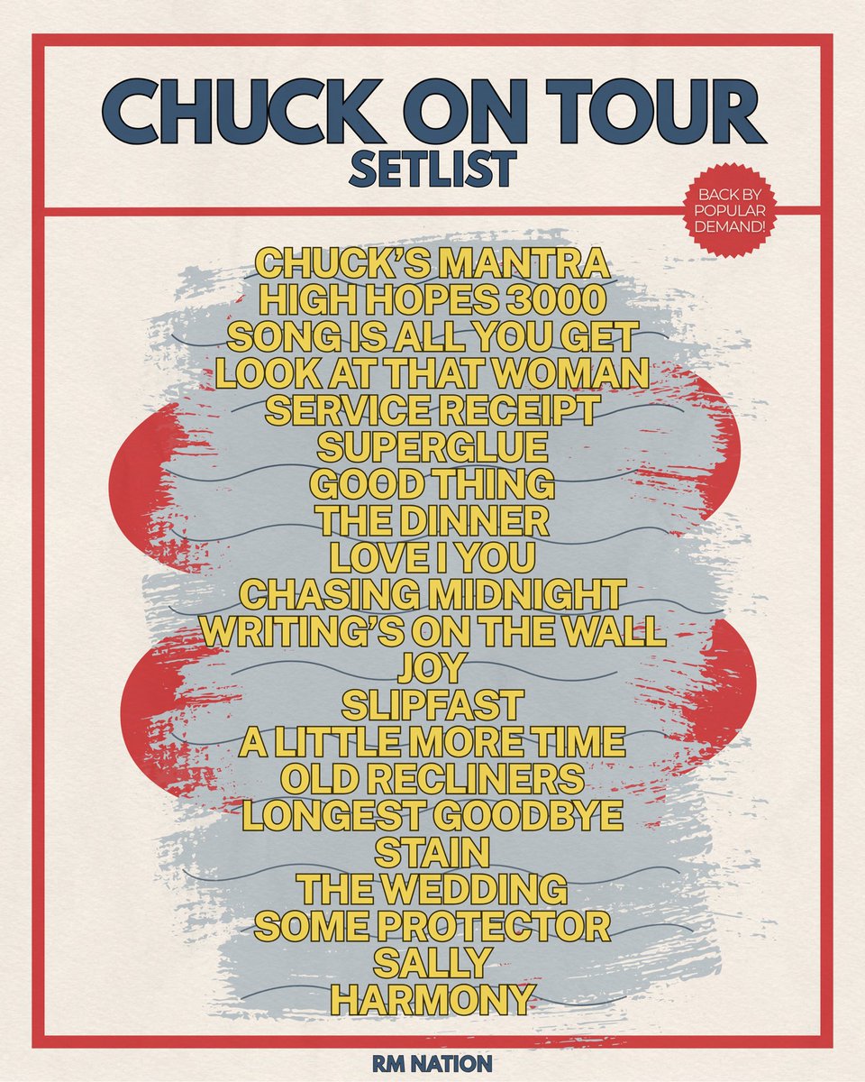 ROLEMODELNATlON's tweet photo. The updated setlist for Chuck On Tour! ⏳💖 https://t.co/E1VVkLxsfn