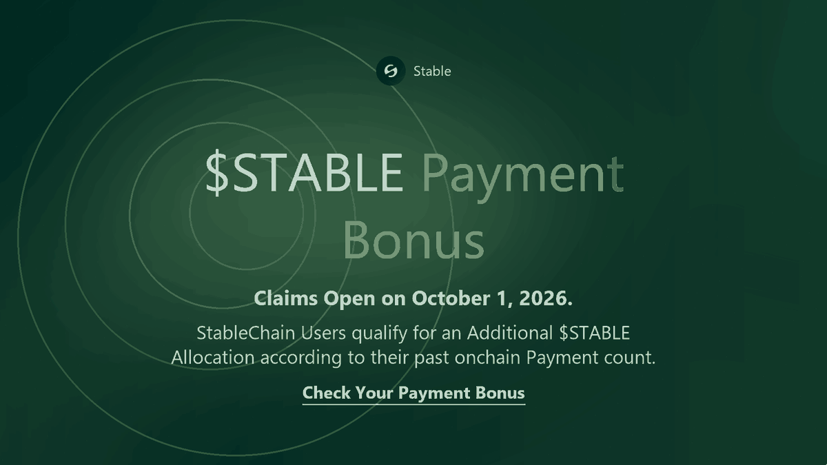 SfablcSystem's tweet photo. $STABLE Payment Bonus Update
                                                          
Claims open October 1, 2026. StableChain users may receive extra $STABLE based on their past onchain payment activity.

Take a look at your payment bonus when available.
check your details ↓
https://t.co/Mz7iPEr5MU
