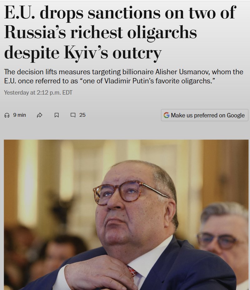 jakluge's tweet photo. The EU completely sold out its principles today. The symbolic effect of lifting sanctions on Usmanov and Fridman is a catastrophy. There is hardly any justification for this. Who's next? Is this the beginning of EU sanctions collapsing? https://t.co/Jz02zEBx1G