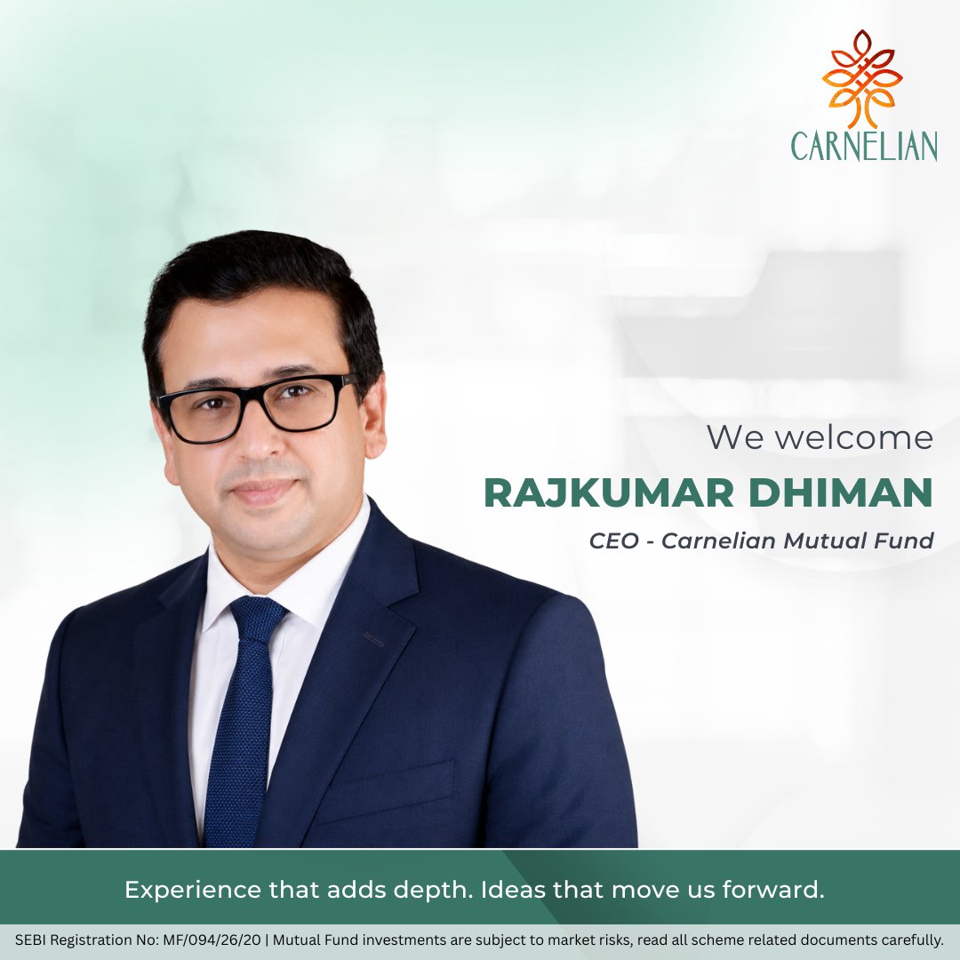 carnelian_asset's tweet photo. Building something new, with experience that runs deep.

We’re pleased to welcome Rajkumar Dhiman as CEO of Carnelian Mutual Fund, our newly established mutual fund business.

Bringing 20+ years of experience in the mutual fund industry, Rajkumar has built his career across Nippon India Mutual Fund, ICICI Prudential Mutual Fund and Motilal Oswal Mutual Fund, where he was most recently associated. His experience spans business strategy, distribution, channel development and digital transformation, with a strong track record of leading large-scale, multichannel sales initiatives and building lasting distribution partnerships.

As we build Carnelian Mutual Fund for the next generation of investors, Rajkumar will play a pivotal role in shaping the business, deepening trust with investors and distribution partners, and making investing simpler and more accessible.

A new entity. Deep experience. And a journey built for what’s next.

Click here to know more about our offerings: https://t.co/lLfGvpaPR0

Want to invest with us? click here: https://t.co/MzxQ8ffBg8

@vikaskhemani; @manoj_bahety; @khemani_swati

PMS SEBI Registered Name & Number: Carnelian Asset Management & Advisors Private Limited | INP000006387
AIF CAT – I SEBI Registered Name & Number: Carnelian AIF Category I Trust | IN/AIF1/25-26/1787
AIF CAT – II SEBI Registered Name & Number: Carnelian AIF Category 2 Trust | IN/AIF2/26-27/2272
AIF CAT – III SEBI Registered Name & Number: Carnelian Alternative Investment Trust | IN/AIF3/18-19/0642
SEBI Registration No: MF/094/26/20 | Mutual Fund investments are subject to market risks, read all scheme related documents carefully.

#Leadership #CEO #MutualFund #NewLeadership #Investment