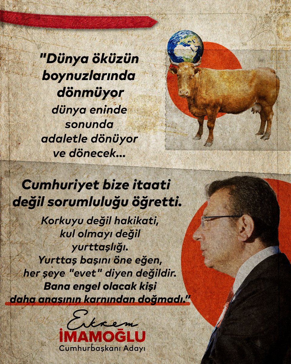 imamoglunaoyver's tweet photo. Ben irademi Saray'ın kapısına değil, 
86 milyonun vicdanına teslim ettim.

Saray'ın tebası, uşağı, kul kölesi olmayı reddettim. Milletin evladı, bu toprağın evladı olmayı seçtim. https://t.co/OaIfIdthyO