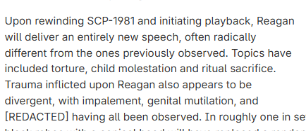 joe_applebrook's tweet photo. my favorite part of this SCP is that one of the random wounds to appear on Reagan in some viewings of the tape was "genital mutilation" which should be impossible to see unless he took his pants off and made it so the camera was pointing at his crotch https://t.co/1fPpfxUwpf