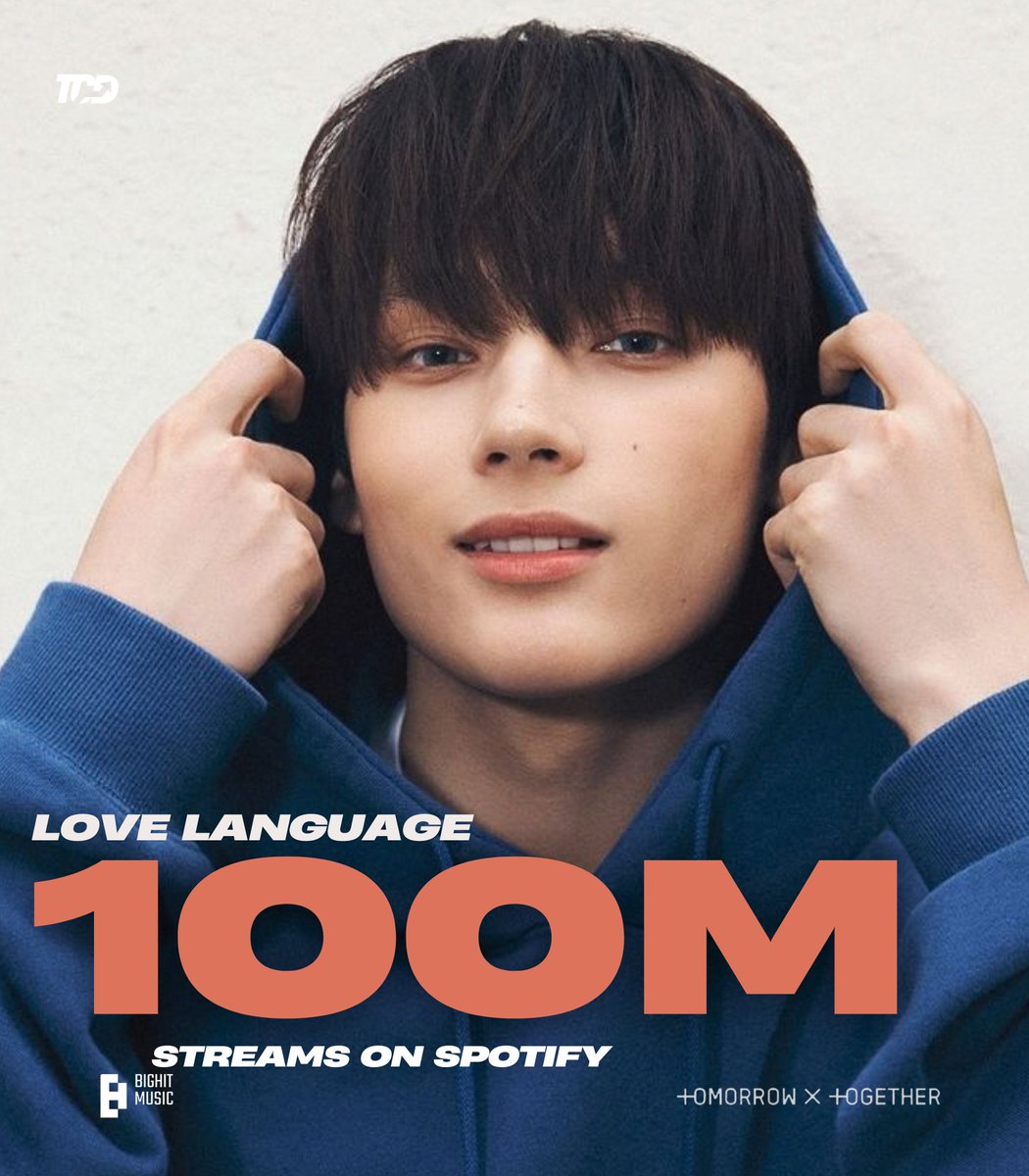 TXTChartData's tweet photo. .@TXT_members "Love Language" has now surpassed 100M streams on Spotify, becoming their 21st song to do so. https://t.co/KVQRhxkPK2
