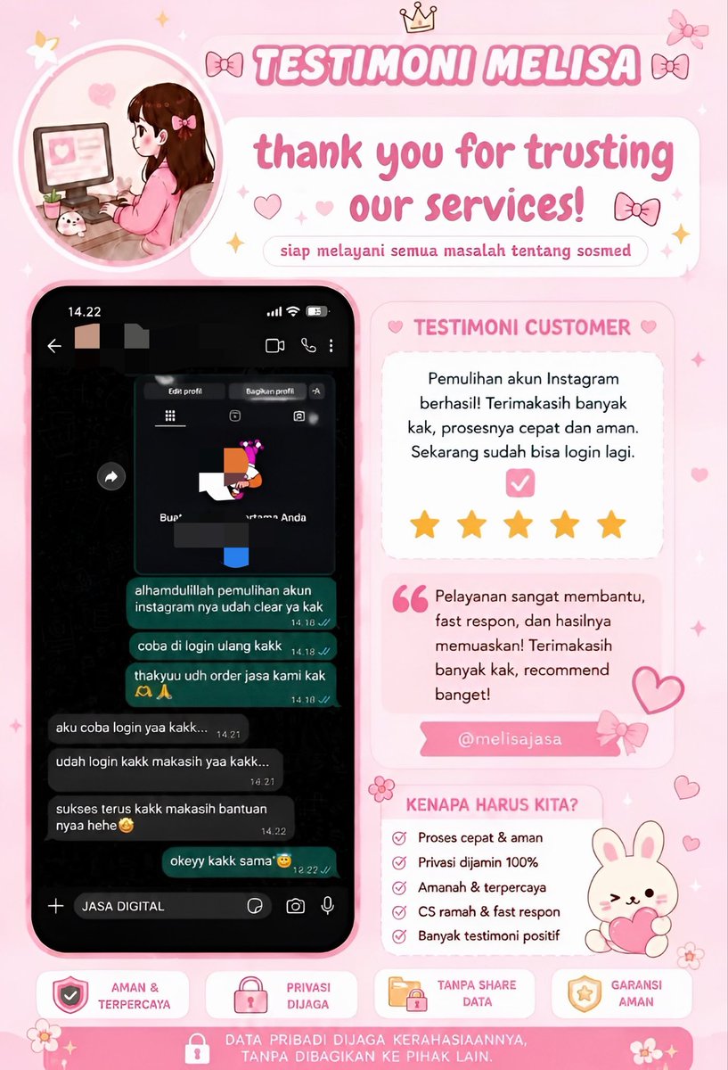 ciazun's tweet photo. ୨ৎ 🩷 JASA HACK AKUN &amp; PEMULIHAN AKUN + JASA LACAK LOKASI ♻️

🩷 Jasa balikin akun / akun ke-suspend &amp; suspend akun
Instagram • Facebook • TikTok • LinkedIn • Gmail • LINE • All Sosmed

🩷 Jasa hapus akun
Facebook • Instagram • LINE • Twitter/X • YouTube &amp; lainnya https://t.co/WsEtBhHvNI