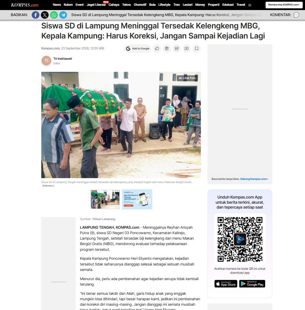ardisatriawan's tweet photo. Innalillahi wa inna ilaihi rajiun.

- Sedang kelas, kegiatan belajar mengajar.
- Korban makan kelengkeng MBG sambil berlarian di kelas.
- Tersedak. Memegang leher sambil meminta tolong.
- Guru mencoba memberikan pertolongan pertama mengeluarkan makanan.
- Tidak berhasil.
- Dibawa ke Puskesmas.
- Perlu penanganan lebih lanjut.
- Dirujuk ke rumah sakit.
- Di UGD, korban meninggal dunia.