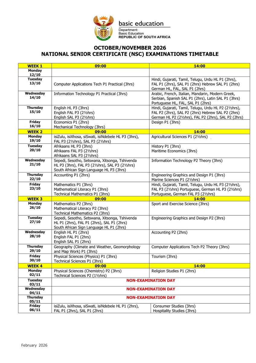 EducationGP1's tweet photo. Here’s the official 2026 National Senior Certificate (NSC) October/November Matric Final Examination Timetable.

👉Access exam past papers & answer sheets here: https://t.co/VUiFpBlt2k

👉Access Teacher Support Material here: https://t.co/4esUvP5W3f

#NSC2026
#ClassOf2026GP #GrowingGautengTogether