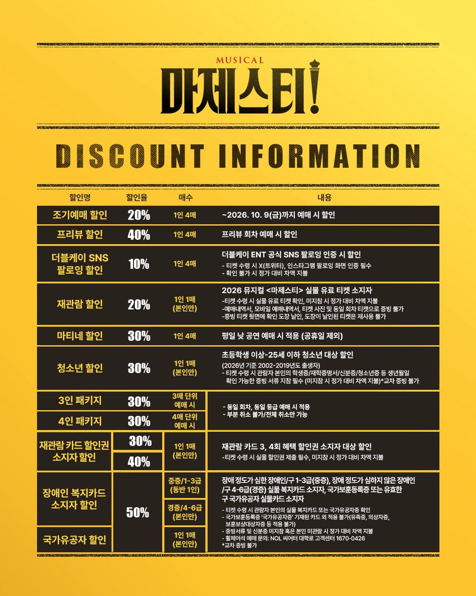 doublek_ent's tweet photo. [#뮤지컬_마제스티] 티켓 오픈 안내💵

- 티켓 오픈: 9월 28일(월) 오후 2시
- 오픈 회차: 10월 25일(일) - 11월 15일(일)
- 예매처: NOL, 티켓링크

*캐스팅 스케줄은 추후 공지 예정입니다.
자세한 내용은 이미지 참고 부탁드립니다. 

2026.10.25-11.15
NOL 씨어터 대학로 우리카드홀

#뮤지컬 #마제스티 #더블케이엔터테인먼트