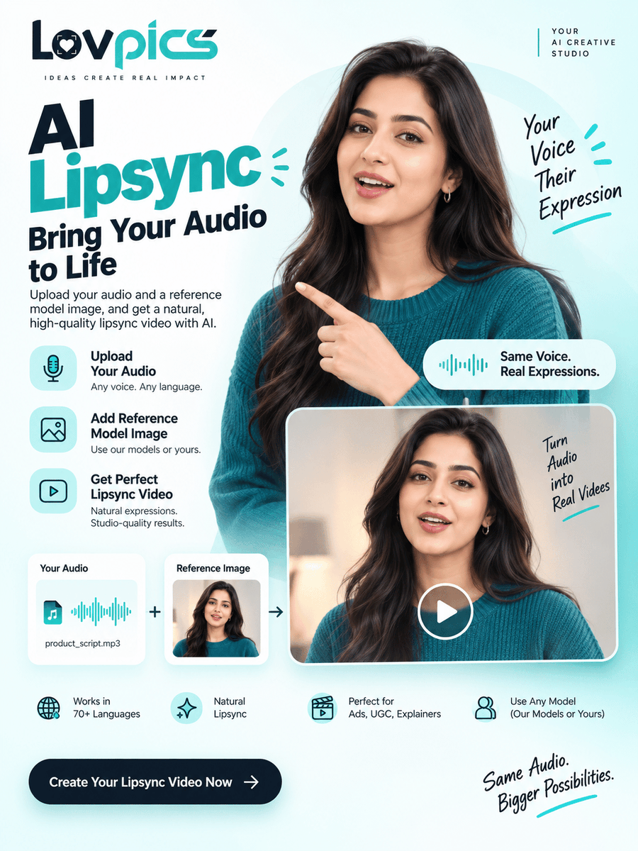 lov_pics's tweet photo. Your audio can now become a video.
With Lovpics AI Lipsync:
Audio + Reference Model = Lipsync Video
Create videos for UGC, ads, product promotions, explainers & social media.
https://t.co/GnV7yQuQsf
Your voice. Your model. Your message.
#Lovpics #AILipsync #AI https://t.co/PXASmrfpSC