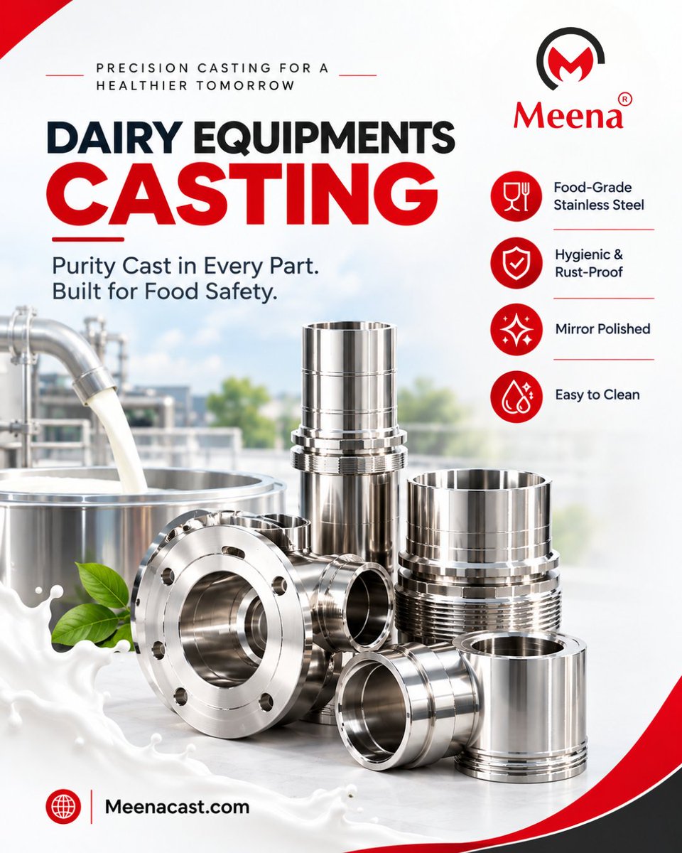 meenacast's tweet photo. PRECISION CASTING FOR A HEALTHIER TOMORROW
DAIRY EQUIPMENTS CASTING
Purity Cast in Every Part. Built for Food Safety.
· Food-Grade Stainless Steel
· Hygienic &amp; Rust-Proof
· Mirror Polished
· Easy to Clean

https://t.co/cOd7c6Vlxb

#MeenaCast #InvestmentCasting #InvestmentCasting https://t.co/lliyJP0UjZ