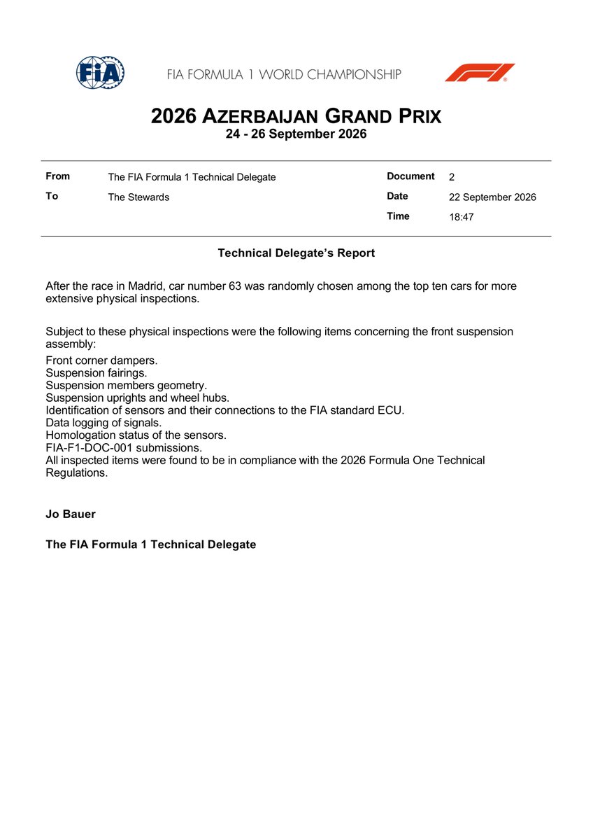 fiadocsbot's tweet photo. New document: Doc 2 - Post-Race Checks on Car Number 63, 2026 Spanish GP
Published on 23.09.26 07:16 CET

#F1 #Formula1 #FIA #AzerbaijanGP 🇦🇿 https://t.co/zrLxuRxS9Q