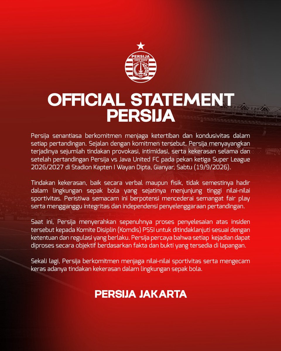 Persija_Jkt's tweet photo. 𝗢𝗙𝗙𝗜𝗖𝗜𝗔𝗟 𝗦𝗧𝗔𝗧𝗘𝗠𝗘𝗡𝗧.

Bersama-sama menjaga sepak bola tetap menjadi ruang untuk sportivitas, rasa hormat, dan kebersamaan. ❤️

#Persija https://t.co/53Ki3Egj3G