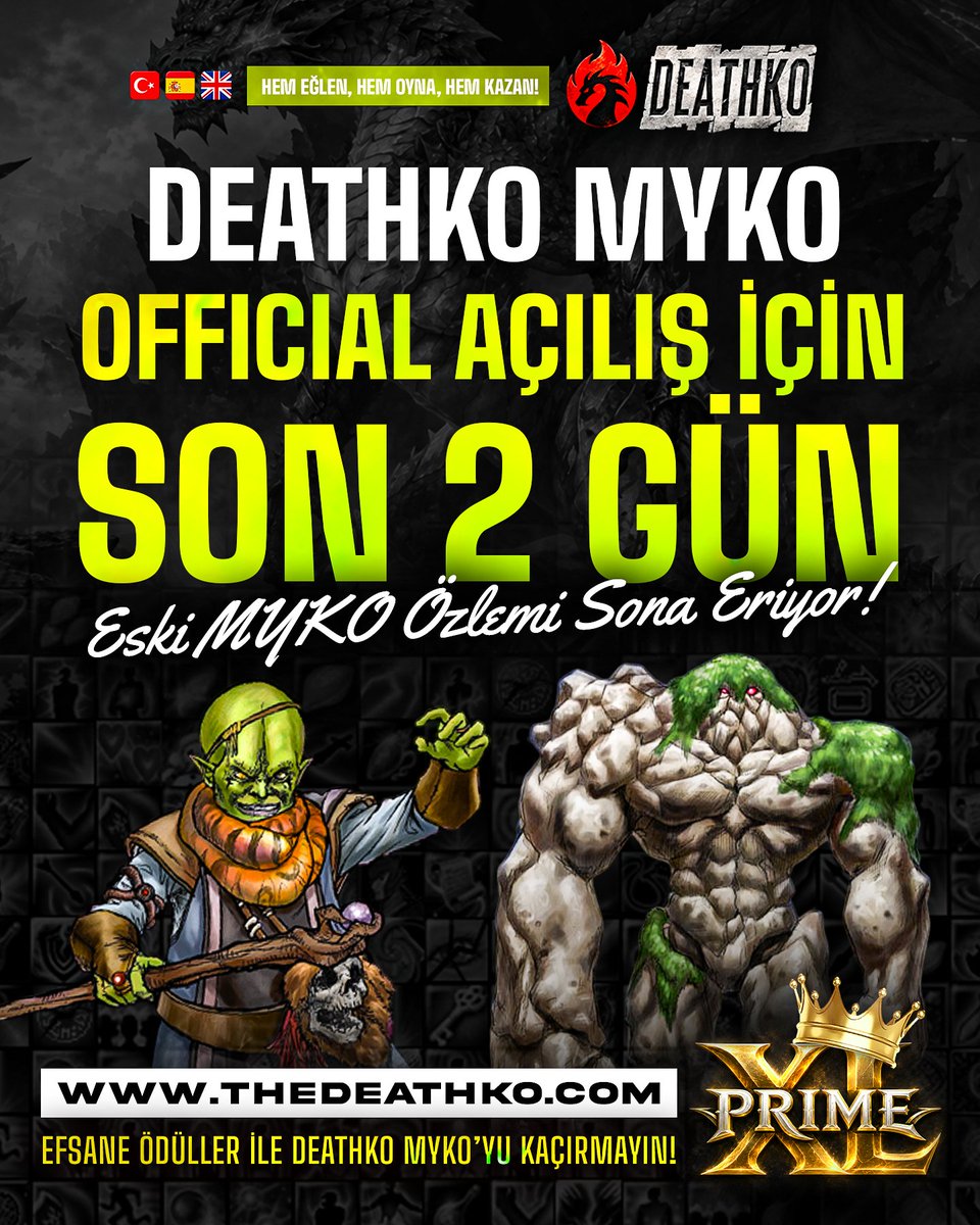 DeathKoOfficial's tweet photo. 🔥 DEATHKO v1098 MYKO — PRIME XL 🔥

**BÜYÜK AÇILIŞ İÇİN SON 3 GÜN!**

⚔️ Sunucu: DeathKO v1098 MYKO
🌍 Yeni Dünya: PRIME XL
📅 OFFICIAL AÇILIŞ: 25 Eylül 2026 Cuma — 21:00 (GMT+3)

🪙 Yeni ve Uzun Soluklu Ekonomi & Farm Düzeni!
PRIME XL ile yalnızca yeni bir sunucu açmıyoruz; MYKO’da oyunun kurallarını değiştiriyoruz.

💵 Yeni TL Nakit Ödül Sistemi
📉 Ödül Sistemlerinde Yeni Dönem
💥 Yeni CR & Quest Mimarisi
🏆 PRIME XL Champion League
🎫 Kurumsal Operasyon Yapısına Geçiş
⚡ Yeni Ticket Sistemi
🛡️ Clan Ticket Sistemi
📋 GameMaster – Oyuncu İletişiminde Yeni Sistem
⚖️ Yeni Oyun Kuralları & Güncellenmiş Cezalar

Açılışa özel KLASGAME'de %80 Süper Bonus + %20 Extra Bonus ve Toplamda %100 Bonus Bakiye Fırsatını Kaçırma!

👉🏻 Kayıt: https://t.co/SImPrI6aBz
⏬ Client: https://t.co/Z8zjgqh1Gx
> KLASGAME AB Satın AL: https://t.co/L63k8faEpu