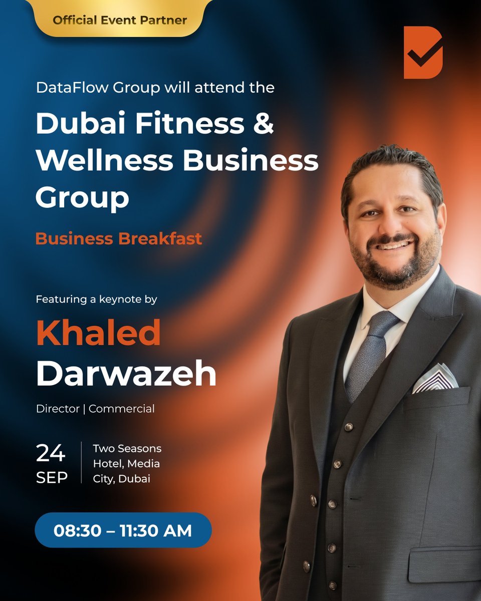 DataFlowGroup's tweet photo. DataFlow Group is an official event partner of the Dubai Fitness & Wellness Business Group Business Breakfast, taking place on Thursday, 24 September 2026 at Two Seasons Hotel, Media City, Dubai.

Our Commercial Director, Khaled Darwazeh, will be taking the stage to deliver a presentation on the recent Dubai Sports Council announcement, DataFlow's MOU with REPs UAE, and what these developments mean in practice for fitness professionals and businesses operating in Dubai's sports and wellness sector.

The event brings together industry leaders, CEOs, and presidents of major sports groups and fitness companies across the Emirate — and we look forward to being part of a conversation that is directly shaping the future of Dubai's fitness workforce standards.

If you are attending, come and find us on the day.

📍 Two Seasons Hotel, Media City, Dubai
🕗 8:30 AM – 11:30 AM

🔗 https://t.co/LgKBXzuHAJ

يسعد مجموعة داتافلو أن تكون شريكاً رسمياً لفطور الأعمال لمجموعة دبي للأعمال في مجال اللياقة والصحة البدنية المقرر عقده يوم الخميس 24 سبتمبر 2026 في فندق تو سيزونز، مدينة دبي للإعلام.

سيتولى مدير المبيعات لدى مجموعة داتافلو، خالد دروزة، تقديم عرض تقديمي يتناول إعلان مجلس دبي الرياضي الأخير، ومذكرة التفاهم التي أبرمتها داتافلو مع الجهة المستقلة لمحترفي التمارين في الإمارات
، وما تعنيه هذه المستجدات على أرض الواقع للمهنيين والشركات العاملة في قطاع اللياقة البدنية والرياضة في دبي.

يجمع الحدث نخبة من قادة الصناعة والرؤساء التنفيذيين ورؤساء كبرى المجموعات الرياضية وشركات اللياقة في الإمارة، ونتطلع إلى المساهمة في حوار يرسم ملامح مستقبل معايير القوى العاملة في قطاع اللياقة البدنية بدبي.

نسعد بلقائكم يوم الفعالية.

📍 فندق تو سيزونز، مدينة دبي للإعلام
🕗 8:30 صباحاً – 11:30 صباحاً