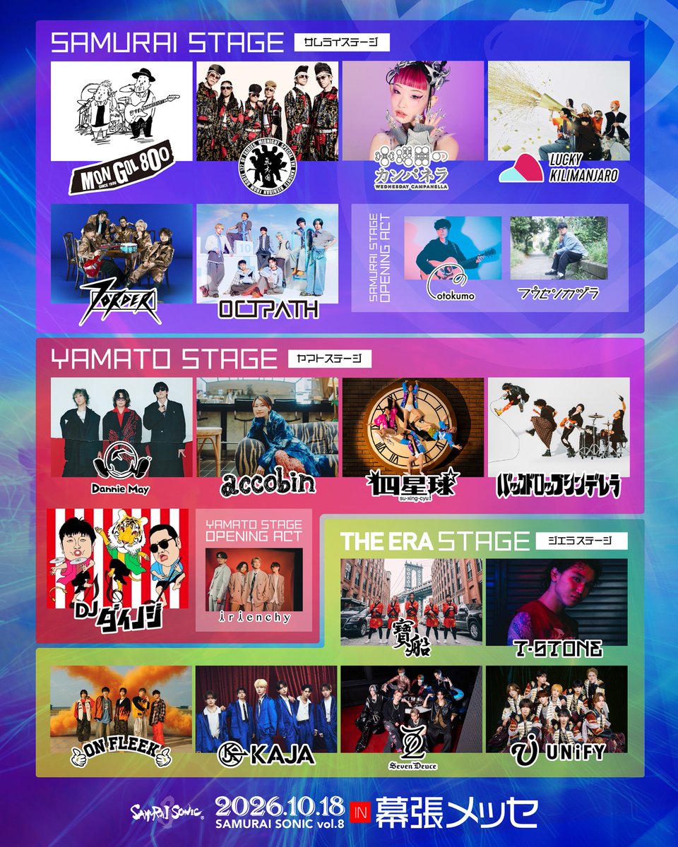 SamuraiSonic21's tweet photo. ＼タイムテーブル発表📣！／

2026年10月18日 (日)
SAMURAI SONIC vol.8 in 幕張メッセ

ついに、当日のタイムテーブルが決定！！✨

それぞれのステージで繰り広げられる、
熱い1日のスケジュールをチェック👀

━━━━━━━━━━━━━━
⚔️SAMURAI STAGE🔥
MONGOL800   
氣志團   
7ORDER   
OCTPATH   
水曜日のカンパネラ   
Lucky Kilimanjaro   

🎸YAMATO STAGE✨
Dannie May   
バックドロップシンデレラ  
四星球   
accobin  
DJダイノジ   

🎤THE ERA STAGE🕺
ON FLEEK   
KAJA   
Seven Deuce   
UNiFY
寶船   
T-STONE   

◉OPENING ACT
otokumo / フウセンカヅラ (SAMURAI STAGE)
irienchy (YAMATO STAGE)
━━━━━━━━━━━━━━

🔽チケットはこちら🎟️！
◎ローチケ
https://t.co/f0DuvFt3T0

◎楽天トラベル
https://t.co/kvjEa0yNYN

思い出に残る1日に☁️🌈