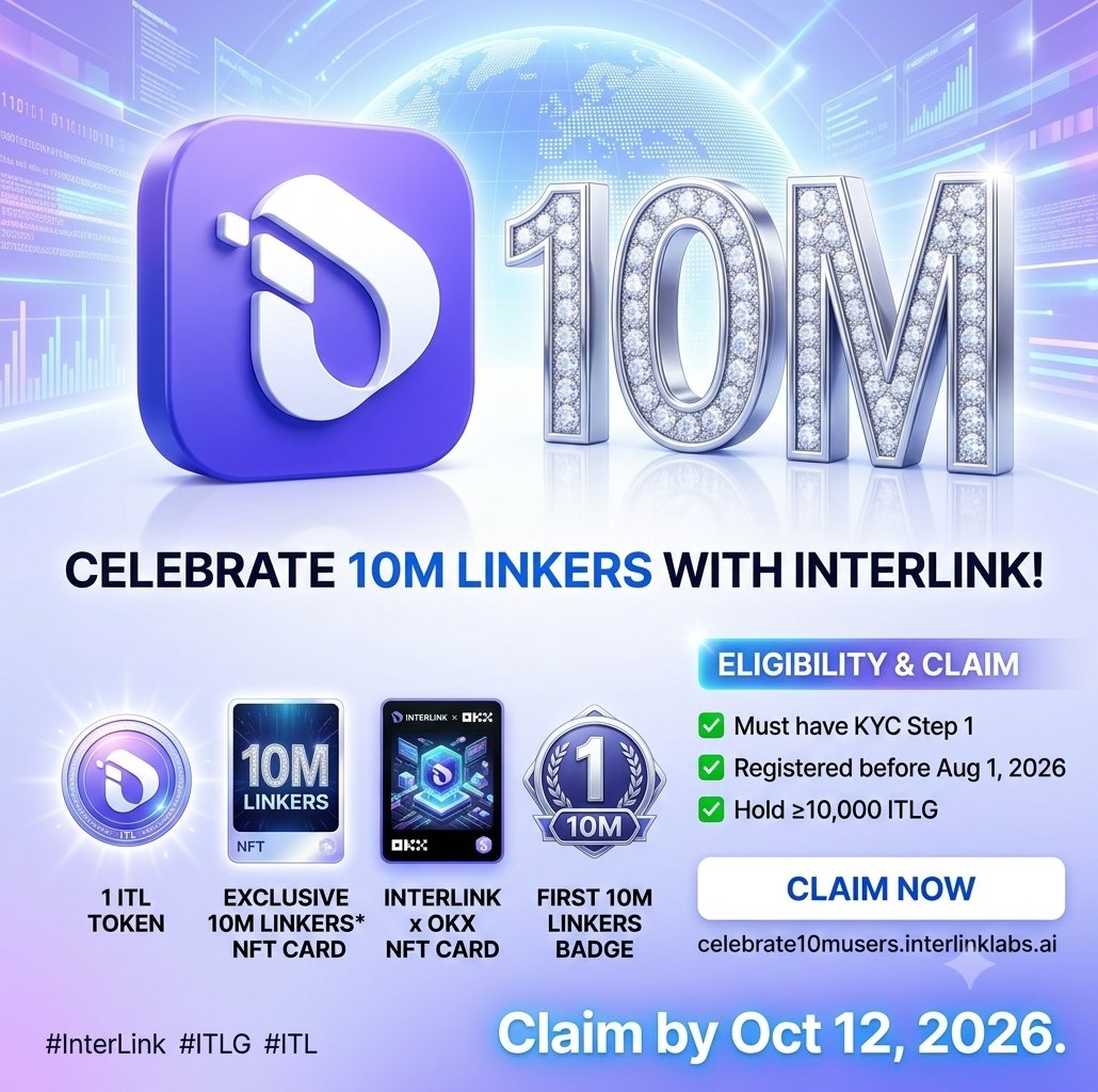 cae2a2c904d441e's tweet photo. Celebrate 10M Linkers with InterLink! 🎉
Are you one of the First 10M? Claim your rewards: 1 ITL, an exclusive 10M Linkers NFT, InterLink x OKX NFT, and the First 10M Linkers Badge. ✅ Must have KYC Step 1, be registered before Aug 1, 2026, and hold ≥10,000 ITLG. Claim by Oct 12, 2026.
🔗 https://t.co/Q9kRfZwS1O #InterLink #ITLG #ITL