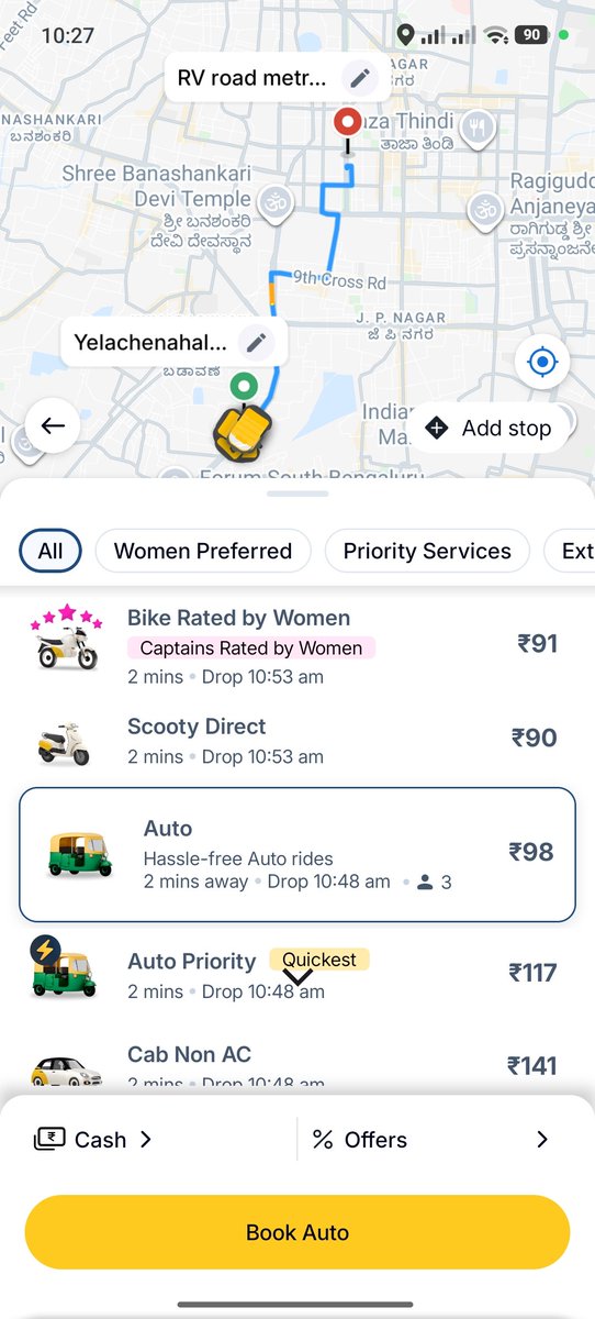 NareshRJN's tweet photo. Why is there such a big difference in biketaxi fares between Bengaluru and Hyderabad? @rapidoapp_ @CMofKarnataka

I compared two almost identical trips shown in the Rapido/Google Maps screenshots:
🟢 Bengaluru: 4.9 km — Rapido Bike ₹90–₹91
🟢 Hyderabad:4.7 km — Rapido Bike ₹59 https://t.co/4FoBPL2EWe