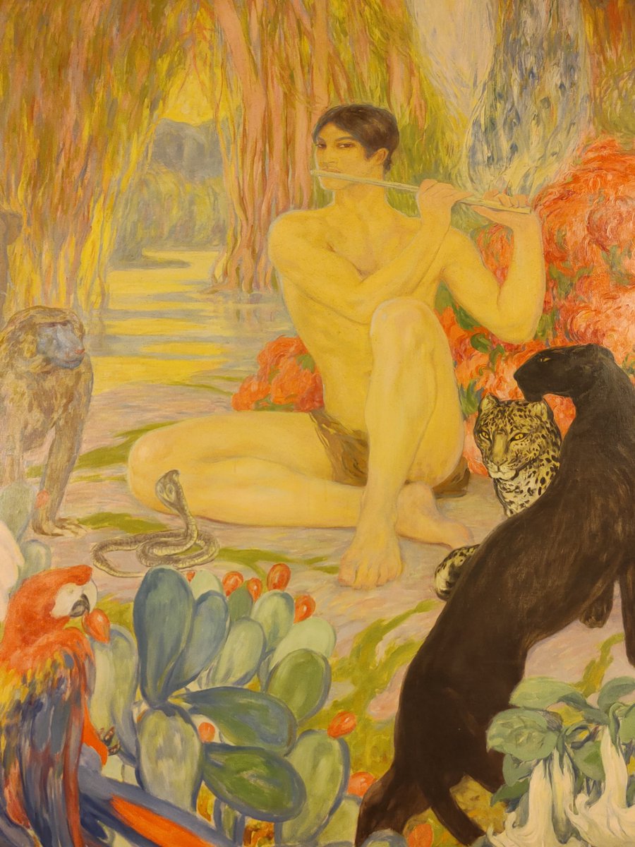 Palaumede's tweet photo. Sorbonne équivoque.
Ce cobra entre les jambes (1), comme l'Adam de Kristian Zahrtmann, 1914 (2).
Salle des Autorités, la Zoologie, ambiguë comme l'Orphée antique, Hélène Dufau, 1905, tombant amoureuse du jeune Maurice Rostand, homosexuel, qu'elle peint en 1909 (3). https://t.co/mKnqfsc9yZ