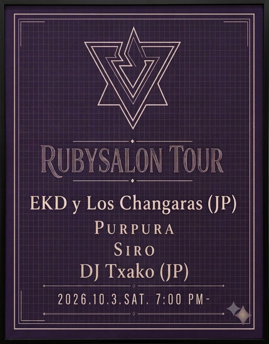ruby_records's tweet photo. 10.3(sat) INCHEON @ RUBY SALON
「Rubysalon Tour」

EKD y LOS CHANGARAS (JP)・PURPURA (KR)・SIRO (KR)・DJ TXAKO (JP)

Open/Start: 19:00 / Tickets: KRW 10,000
Address: 4-37 Gwan-dong 3-ga, Incheon, Korea.
Info: Ruby Records +82 70-7757-4712 https://t.co/T4gYePTeYk