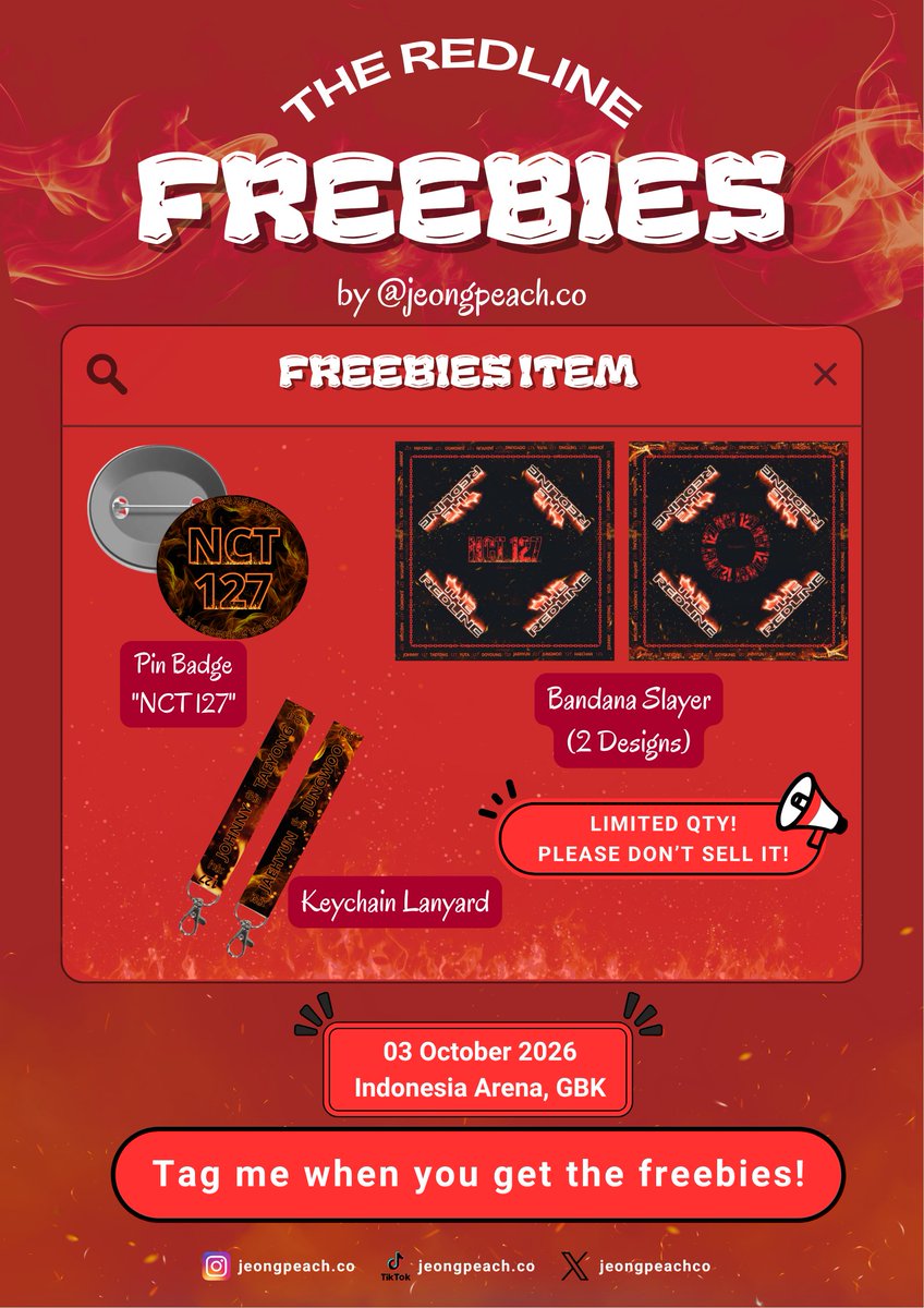 jeongpeachco's tweet photo. NEO CITY : JAKARTA – THE REDLINE
Freebies Drop by @jeongpeachco 

📍Indonesia Arena | 03 Oct 2026

How To Claim:
•Follow
•Like &amp; Repost this tweet
•Kindly find me &amp; say Hi!

Limited qty! Please don't sell and throw away it!

Open for trade

See u there!👋
#THE_REDLINE #NCT127 https://t.co/RP4ir0utJL