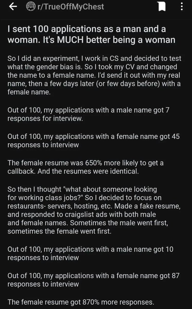 ThomBrady5's tweet photo. "Somebody needs to run an experiment on Indeed where they apply to 100 jobs as a male versus as a female.   My hypothesis is there’s blatant discrimination going on in corporate America (no shit, I know), and somebody needs to prove it." https://t.co/UwHZNiWcCR