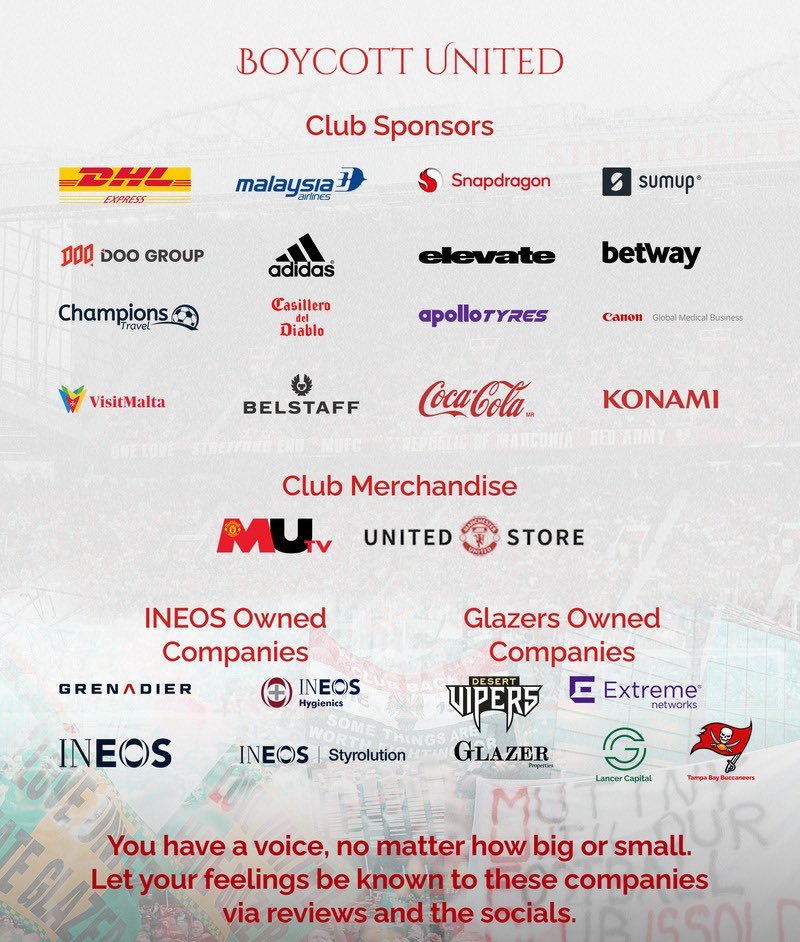 utdwong10's tweet photo. Ladies and gentlemen it is time to Unite and hit the where it hurt the most

Let's force the to sell the club to Qataris who were serous about bringing us back to the top

Don't subscribe to MUTV

Don't buy from their sponsors 

Don't buy tickets 

Don't go to away games also https://t.co/joZk6wd26j