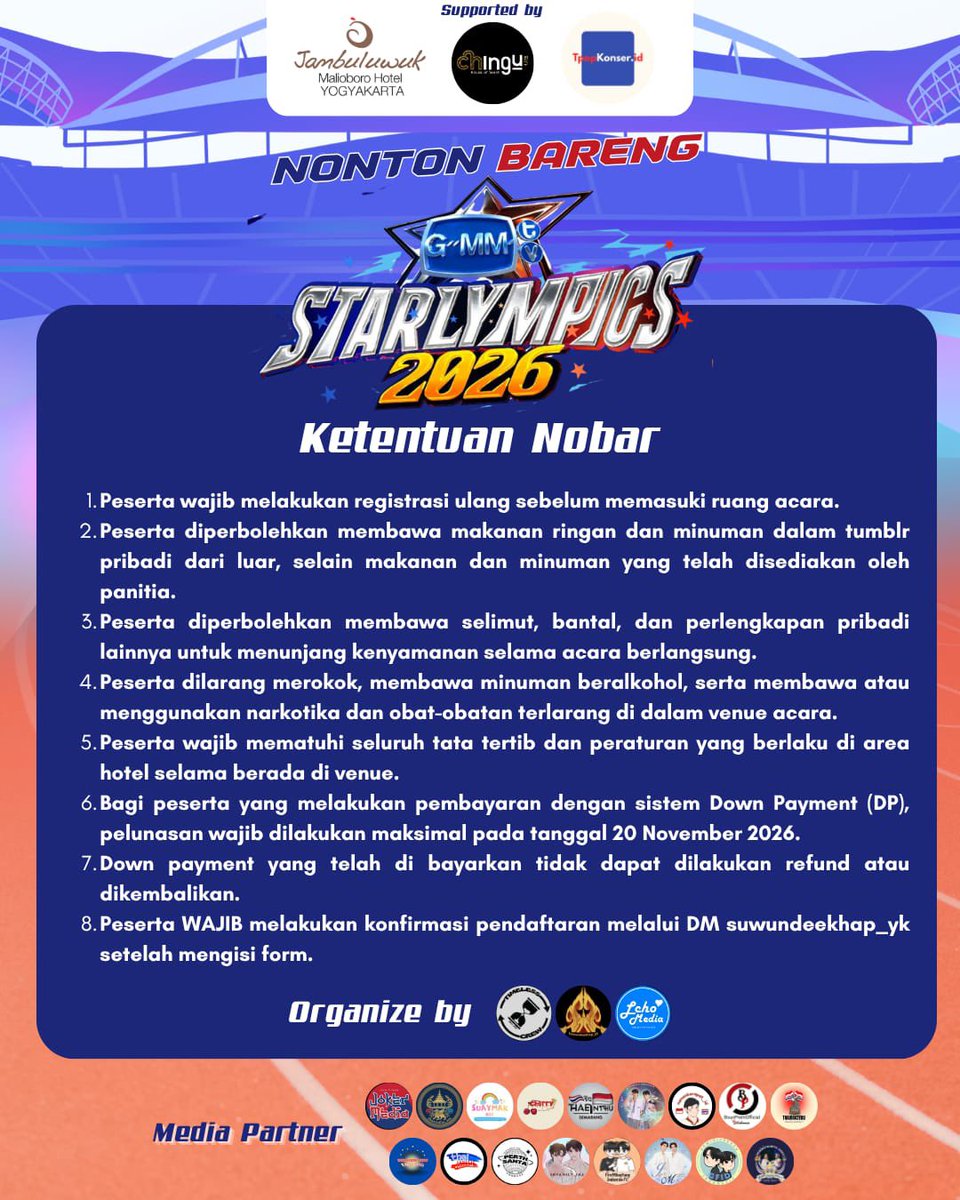 SNfamily_INA's tweet photo. SALAM OLAHRAGA! 
Mari ramaikan dan saksikan keseruan perhelatan olahraga paling seru — STARLYMPIC 2026! 🏅
Saatnya berkumpul, bersorak, dan mendukung team favorit kamu dalam perlombaan paling meriah Kabupaten GMMTV! 🏆

📅 CATAT TANGGALNYA!
28 November 2026
📍 Ballroom Lantai 2 Jambuluwuk Malioboro Hotel
Jl. Gajah Mada No. 67, Purwokinanti, Pakualaman, Kota Yogyakarta
⏰ Start 13:00 WIB – Selesai
Jangan sampai ketinggalan keseruannya!
🫵 Dukung team favorit kamu sekarang juga!
Ajak teman-temanmu dan mari kita ramaikan STARLYMPIC 2026! 🏆

Event Supported by
@chingu.houseofscent
@Jambuluwuk 
@tpopevent.id 

Media Partner
@geminifourthid
@juniormark_idn
@bounprem.id
@seakeen_id
@firstkhaotungid
@perthsantaid
@nanokorapat_id
@snfamily_ina
@thaienthu_soc
@thaienthusemarang
@cherry_project.id
@jogjakpopermedia.id
@thaifanbase.id
@suaymak.soc
@thaienthu_krwg
@thairakteuu
GeminiFourth Area (Whatsapp) 

Organized by
@Suwundeekhap_yk 
@timeless_crew2025 
@Lchomedia