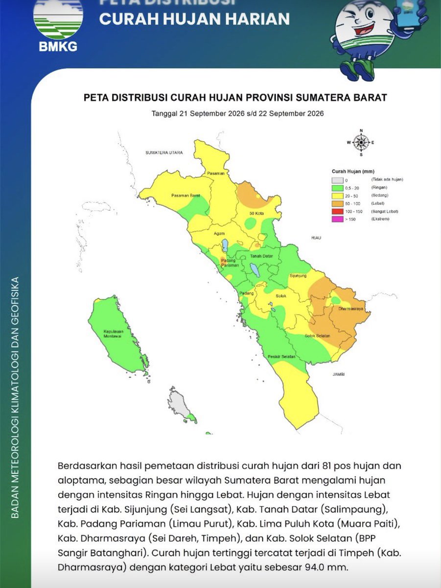 aik_arif's tweet photo. Kalau mengacu data BMKG intensitas hujan di Sumbar ringan hingga lebat. Intensitas hujan tertinggi tercatat di Dharmasraya, sedang di Solok kategori sedang. Kalau kondisi lingkungan masih terjaga, hujan tersebut seharusnya tidak memicu banjir bandang di Solok. Faktor kerusakan lingkungan kayaknya lebib dominan memicu banjir kali ini.