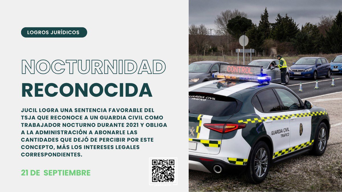 JucilInforma's tweet photo. 🟢 JUCIL informa: trabajador nocturno

Para más ℹ️ pincha aquí ⤵️

https://t.co/LuWY9bXfE2

La nocturnidad se reconoce. El TSJA reconoce a un @guardiacivil como trabajador nocturno durante 2021 y obliga a la Administración a abonar las cantidades que dejó de percibir, más los intereses legales.

@jucilnacional sigue defendiendo los derechos de la @guardiacivil . Lo que corresponde, se reclama. Y lo que se gana, se cobra.

#EquiparacionYa 
#ProfesionDeRiesgoYa 
#ComprometidosConLosGc

💚ASÓCIATE A JUCIL 🇪🇸